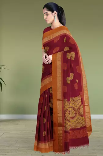 Wine red & burnt saffron kovai coimbatore cotton saree with running blouse