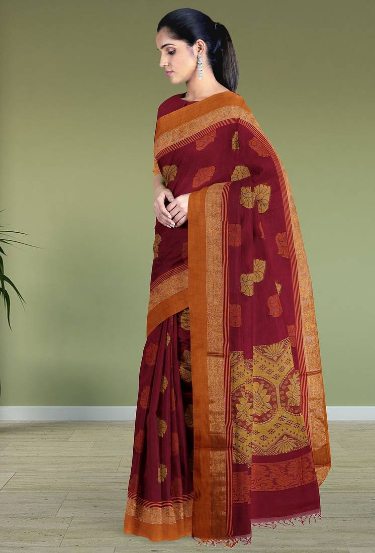 Wine red & burnt saffron kovai coimbatore cotton saree with running blouse