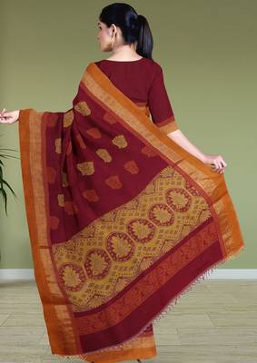 Wine red & burnt saffron kovai coimbatore cotton saree with running blouse 3