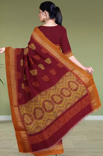Wine red & burnt saffron kovai coimbatore cotton saree with running blouse