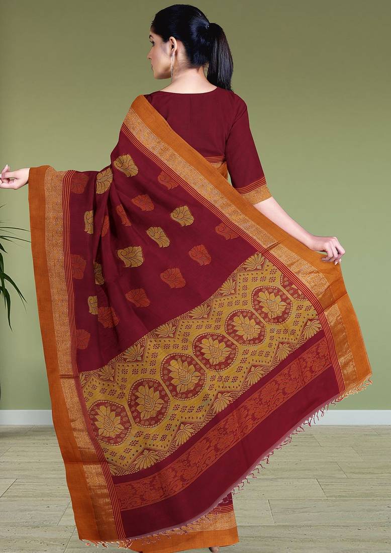 Wine red & burnt saffron kovai coimbatore cotton saree with running blouse