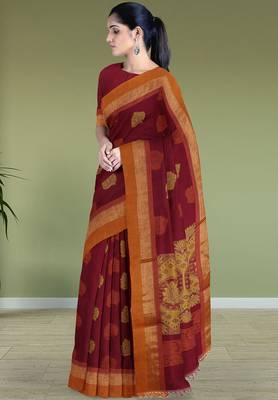 Wine red & burnt saffron kovai coimbatore cotton saree with running blouse 4