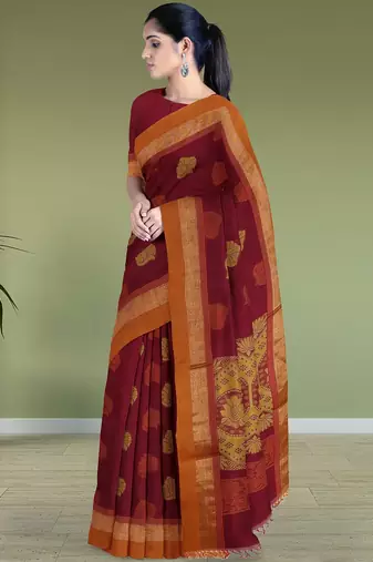 Wine red & burnt saffron kovai coimbatore cotton saree with running blouse