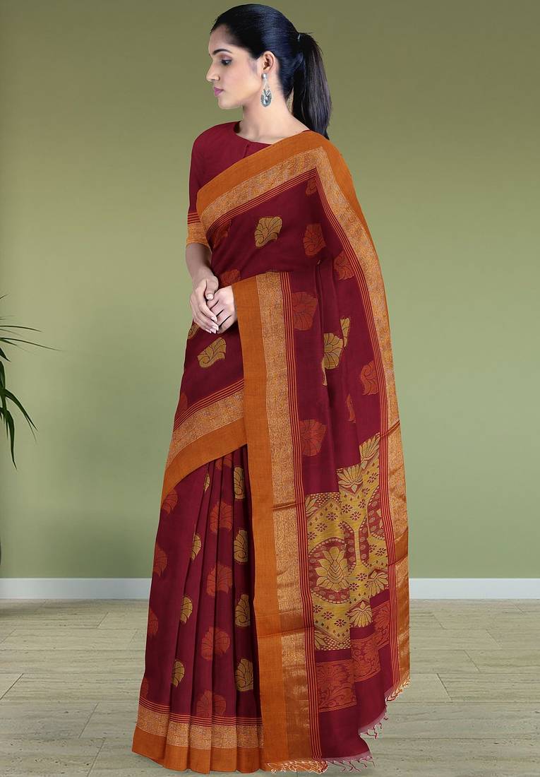Wine red & burnt saffron kovai coimbatore cotton saree with running blouse