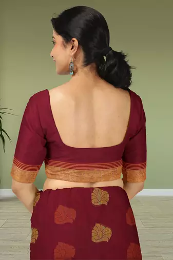 Wine red & burnt saffron kovai coimbatore cotton saree with running blouse
