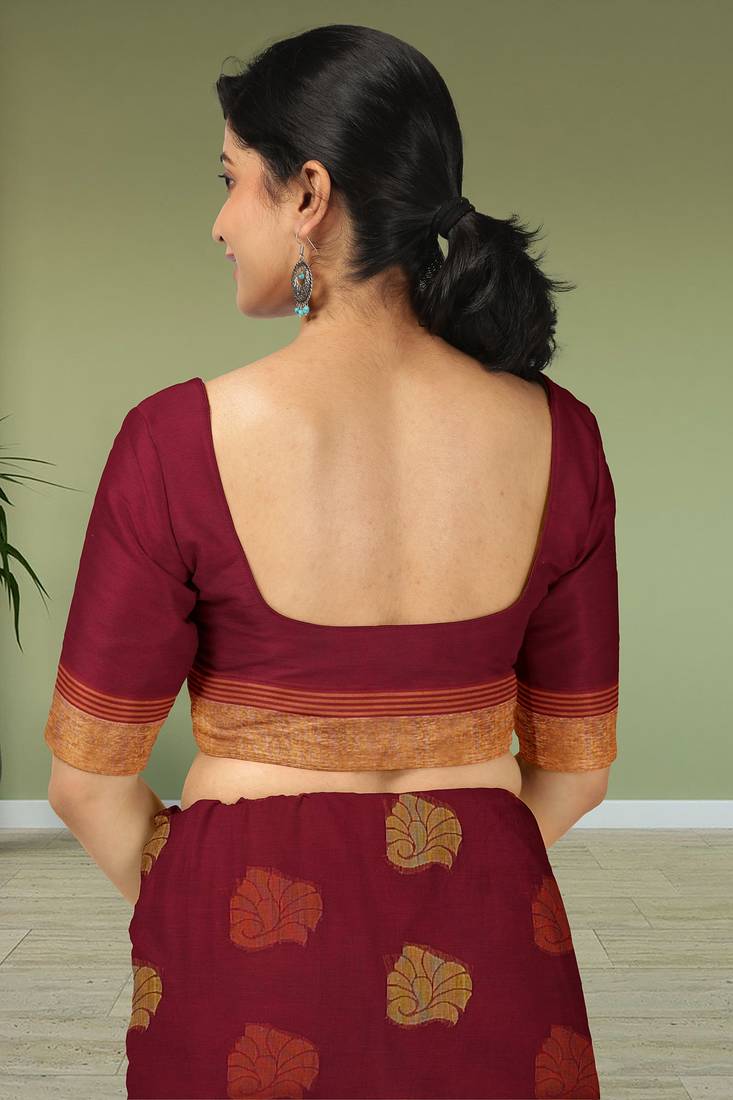 Wine red & burnt saffron kovai coimbatore cotton saree with running blouse