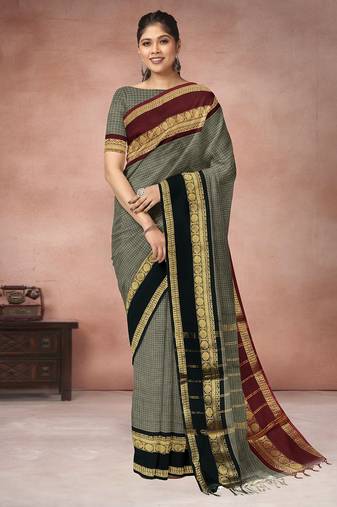 Sage grey & deep maroon chettinad cotton saree with running blouse