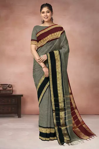 Sage grey & deep maroon chettinad cotton saree with running blouse