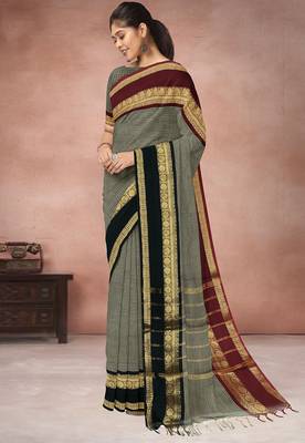 Sage grey & deep maroon chettinad cotton saree with running blouse 2