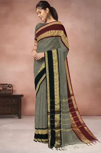 Sage grey & deep maroon chettinad cotton saree with running blouse
