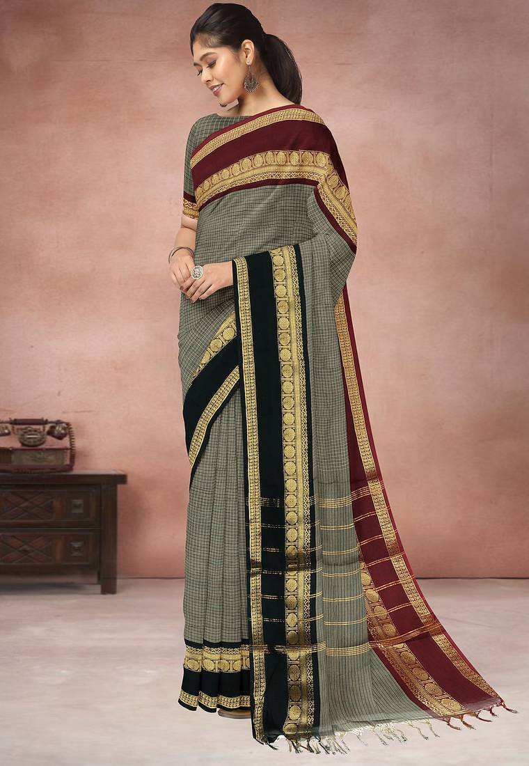 Sage grey & deep maroon chettinad cotton saree with running blouse