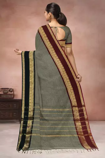 Sage grey & deep maroon chettinad cotton saree with running blouse