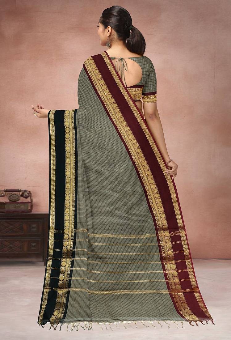 Sage grey & deep maroon chettinad cotton saree with running blouse