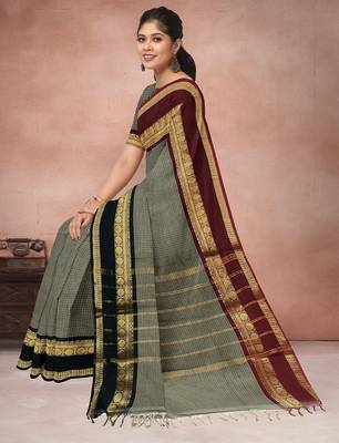 Sage grey & deep maroon chettinad cotton saree with running blouse 4