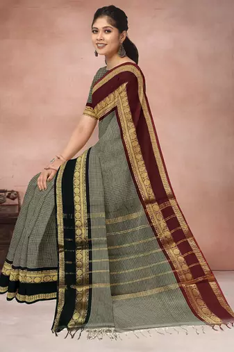 Sage grey & deep maroon chettinad cotton saree with running blouse