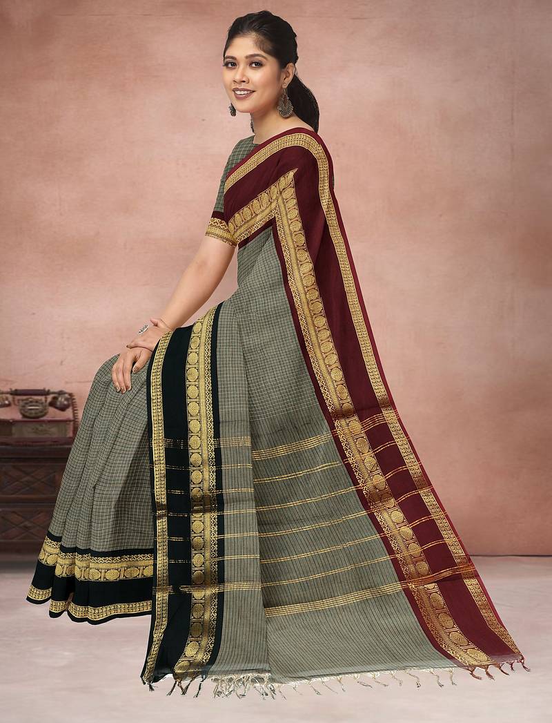 Sage grey & deep maroon chettinad cotton saree with running blouse