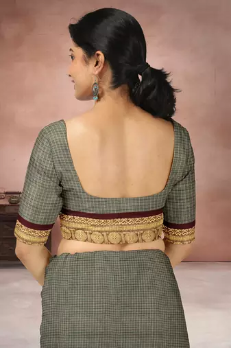 Sage grey & deep maroon chettinad cotton saree with running blouse