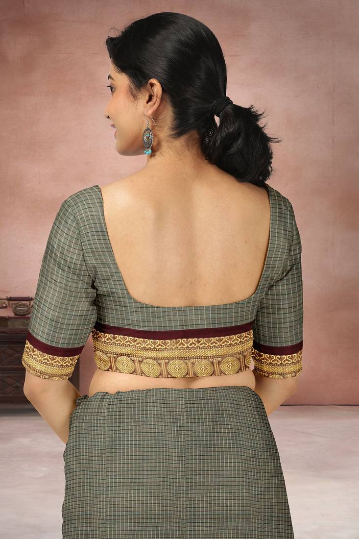 Sage grey & deep maroon chettinad cotton saree with running blouse