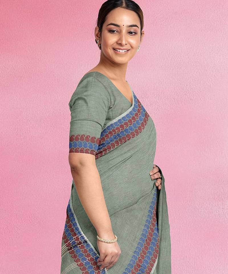 Stone grey chettinad cotton saree with running blouse