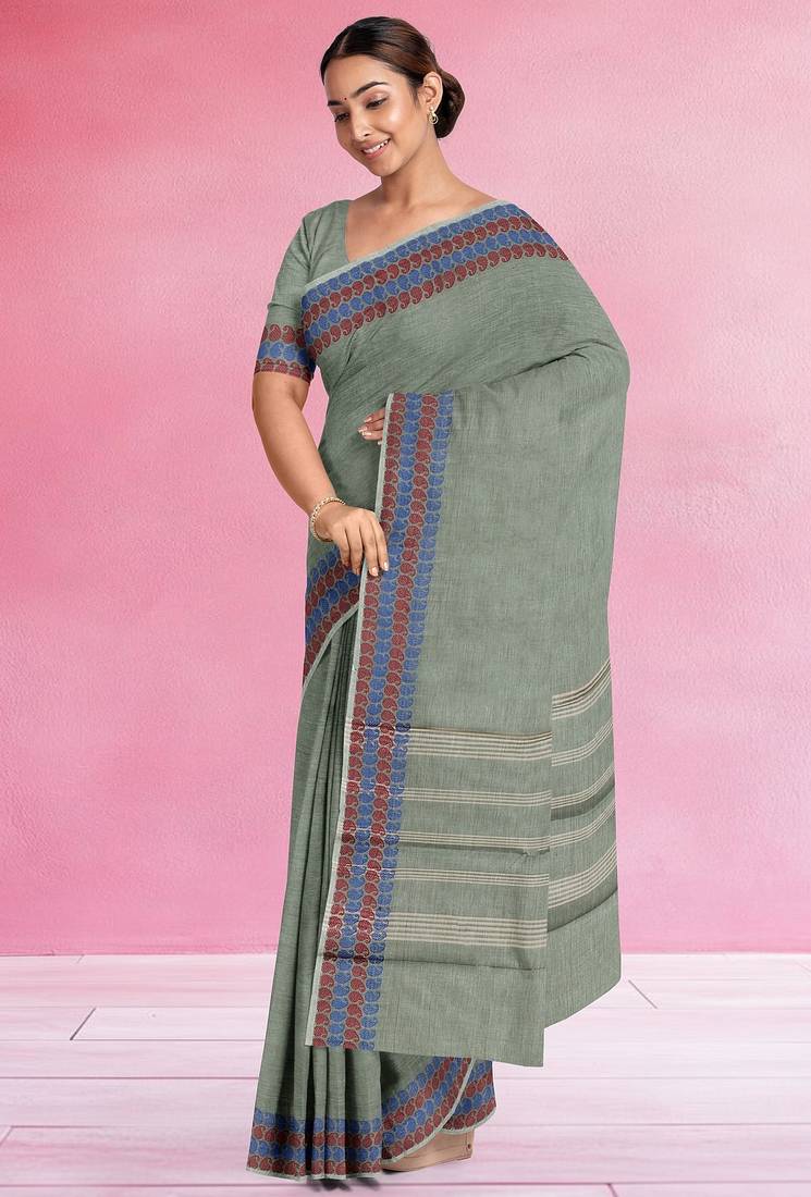Stone grey chettinad cotton saree with running blouse
