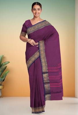 Dark orchid & midnight navy blue chettinad cotton saree with running blouse 1