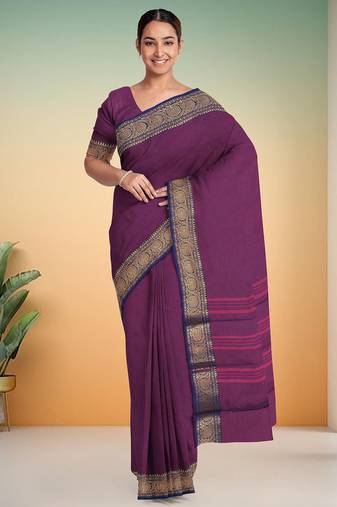 Dark orchid & midnight navy blue chettinad cotton saree with running blouse