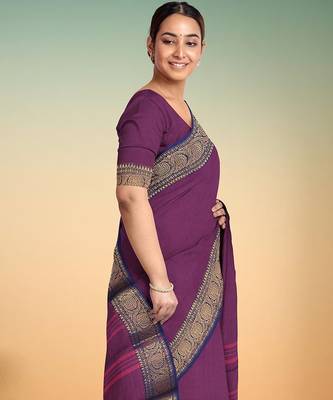Dark orchid & midnight navy blue chettinad cotton saree with running blouse 2