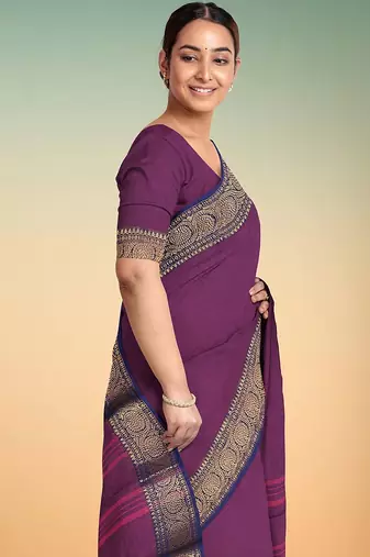 Dark orchid & midnight navy blue chettinad cotton saree with running blouse