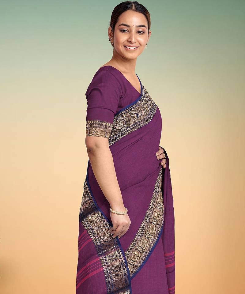 Dark orchid & midnight navy blue chettinad cotton saree with running blouse