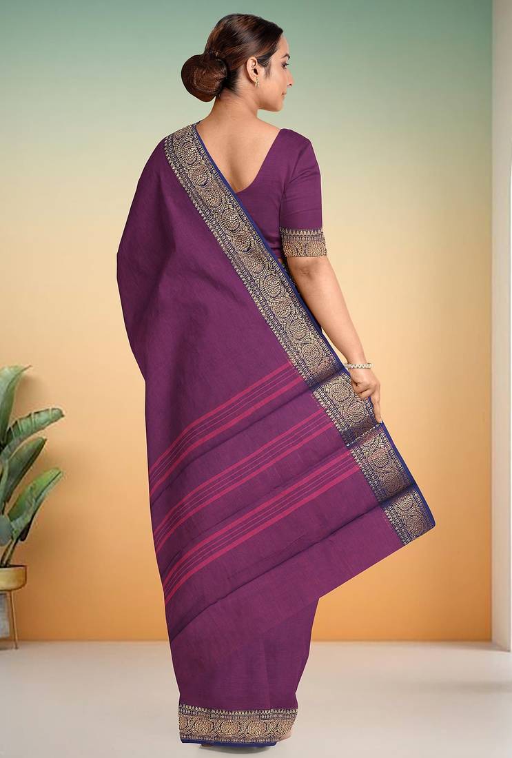 Dark orchid & midnight navy blue chettinad cotton saree with running blouse