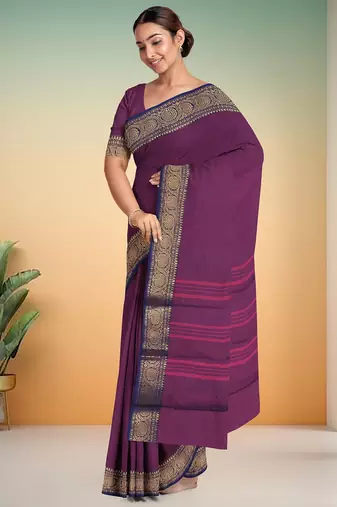 Dark orchid & midnight navy blue chettinad cotton saree with running blouse