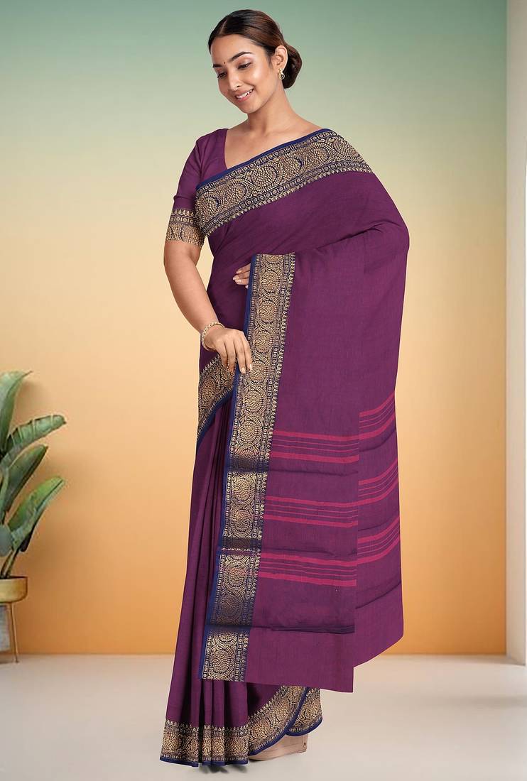 Dark orchid & midnight navy blue chettinad cotton saree with running blouse