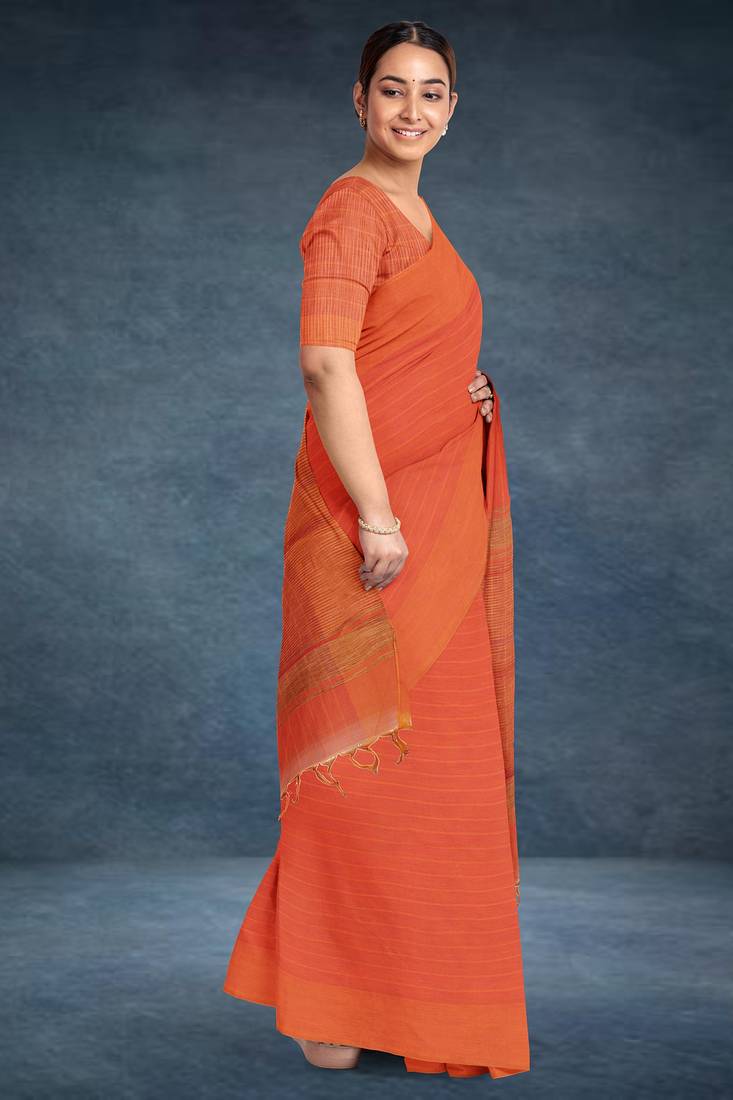 Coquelicot orange & burnished tangerine kovai cotton saree with running blouse