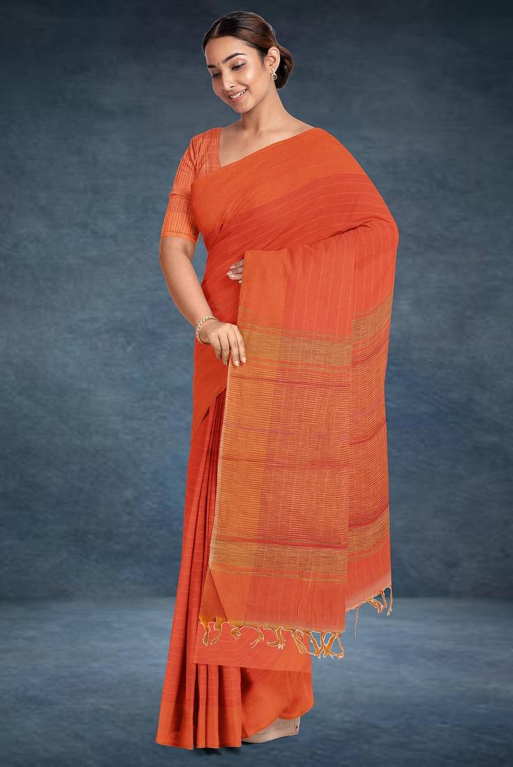 Coquelicot orange & burnished tangerine kovai cotton saree with running blouse