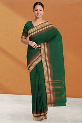 Emerald green & copper brown chettinad cotton saree with running blouse 1