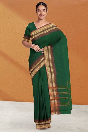Emerald green & copper brown chettinad cotton saree with running blouse