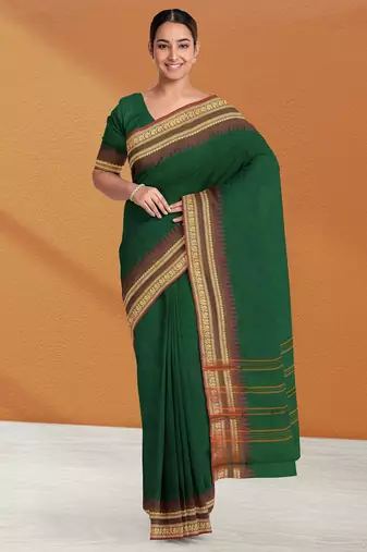 Emerald green & copper brown chettinad cotton saree with running blouse
