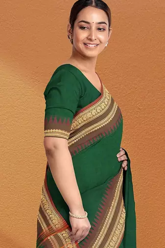 Emerald green & copper brown chettinad cotton saree with running blouse