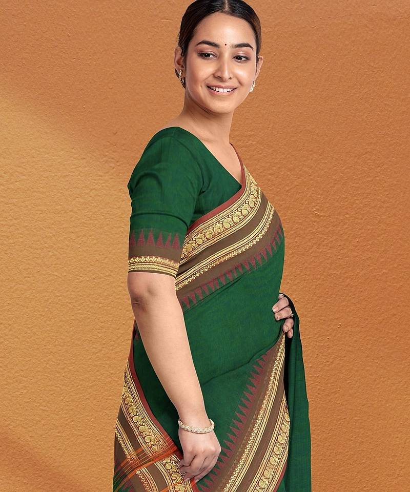 Emerald green & copper brown chettinad cotton saree with running blouse