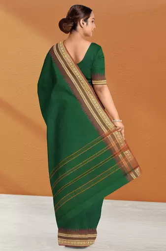 Emerald green & copper brown chettinad cotton saree with running blouse