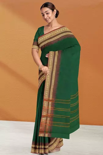 Emerald green & copper brown chettinad cotton saree with running blouse