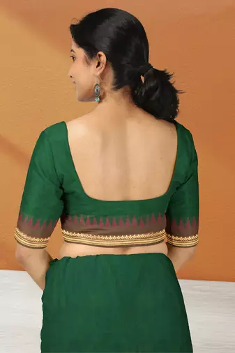 Emerald green & copper brown chettinad cotton saree with running blouse