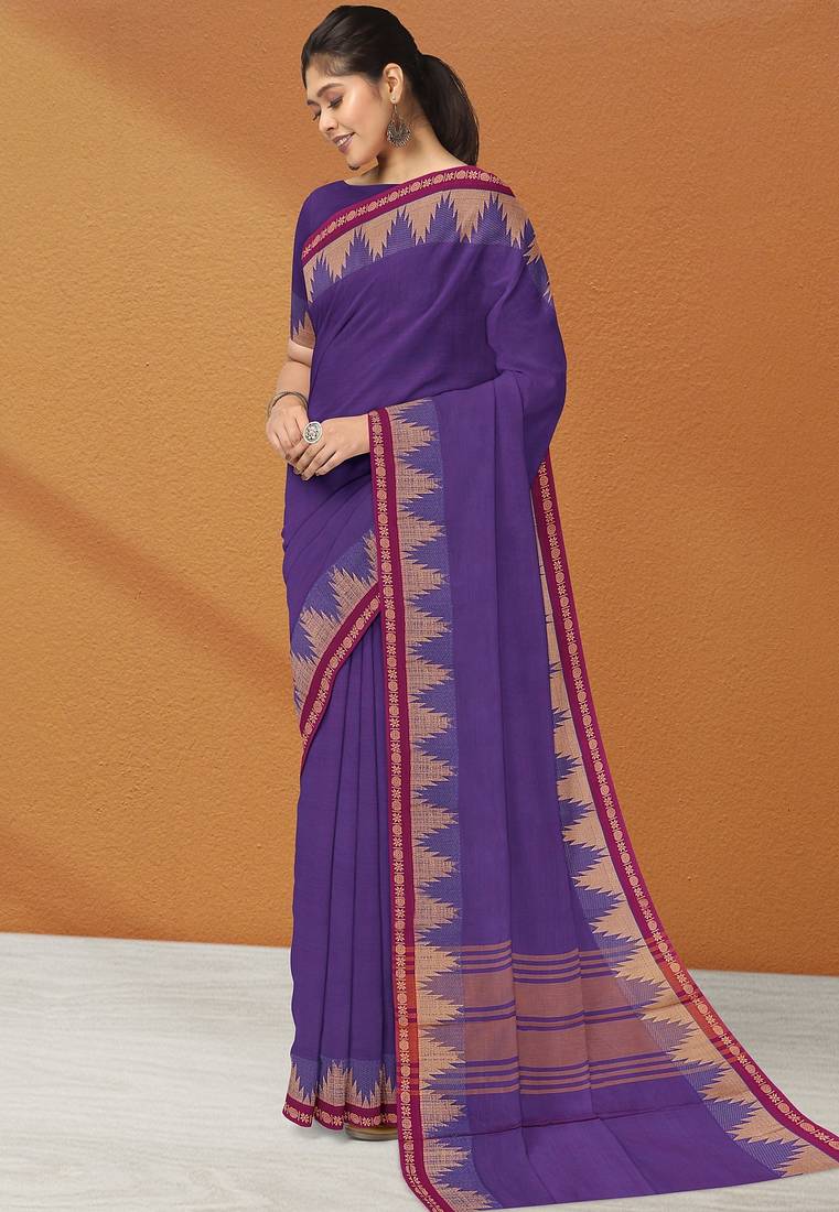 Electric indigo & raspberry magenta chettinad cotton saree with running blouse