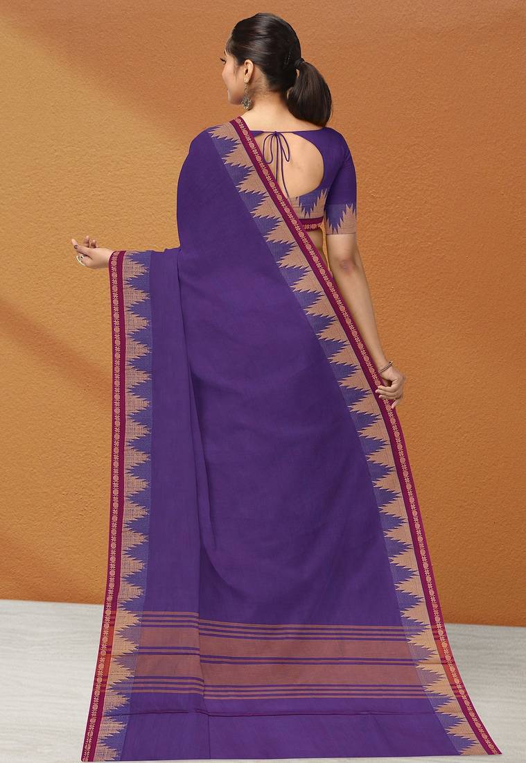 Electric indigo & raspberry magenta chettinad cotton saree with running blouse