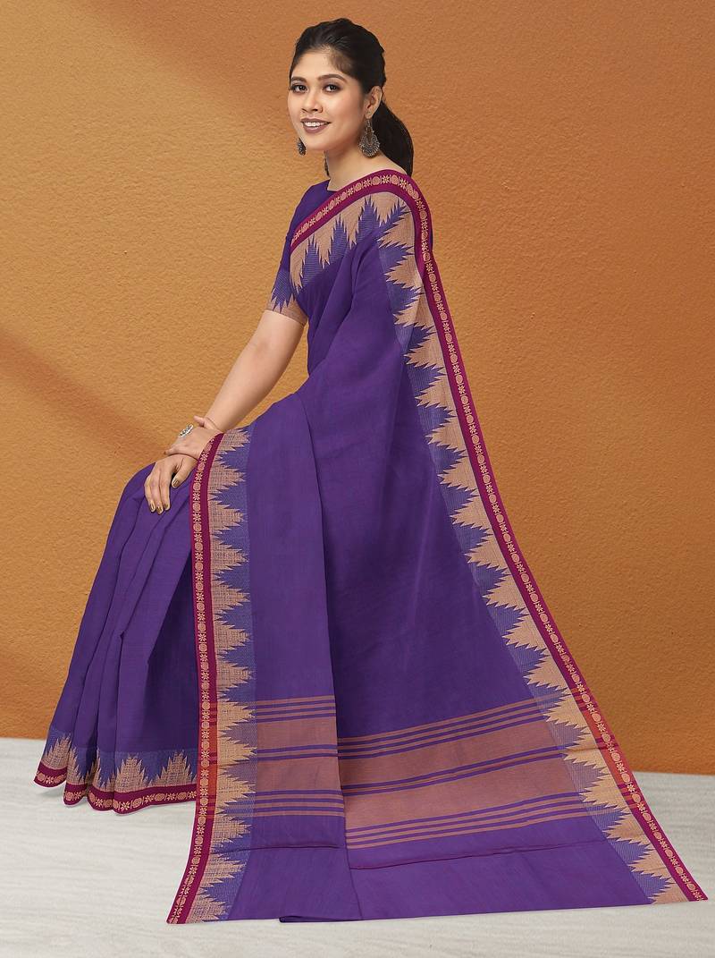 Electric indigo & raspberry magenta chettinad cotton saree with running blouse