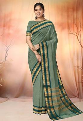 Sage green & deep teal chettinad cotton saree with running blouse 1