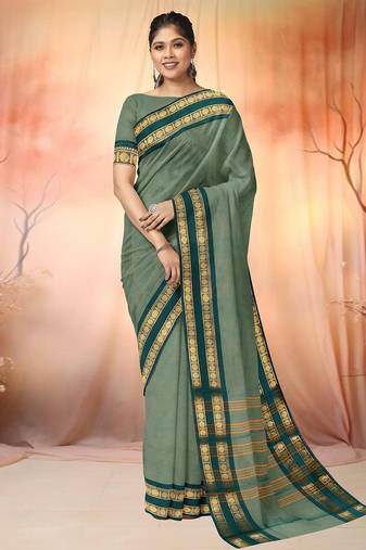 Sage green & deep teal chettinad cotton saree with running blouse
