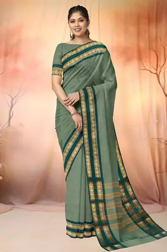 Sage green & deep teal chettinad cotton saree with running blouse