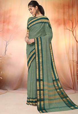 Sage green & deep teal chettinad cotton saree with running blouse 2