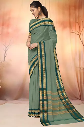 Sage green & deep teal chettinad cotton saree with running blouse